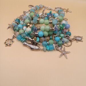 Coral, Amazonite, Turquoise. and Blue Sodalite Bracelet Stack